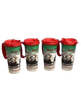 4 Disney Theme Park Souvenir Cup Happy Holidays Plastic Character Lid Vintage